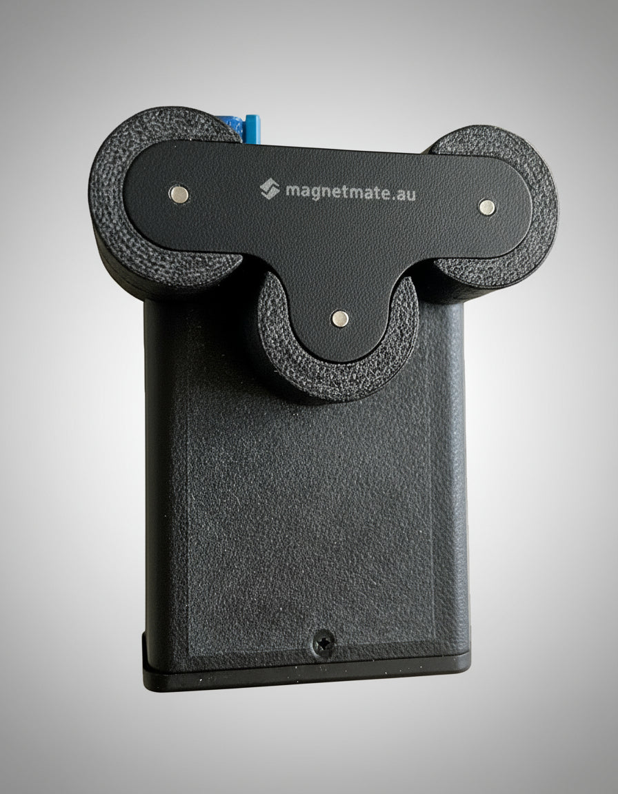 Black magnetic strip holder with 'magnetmate.au' branding on a white background