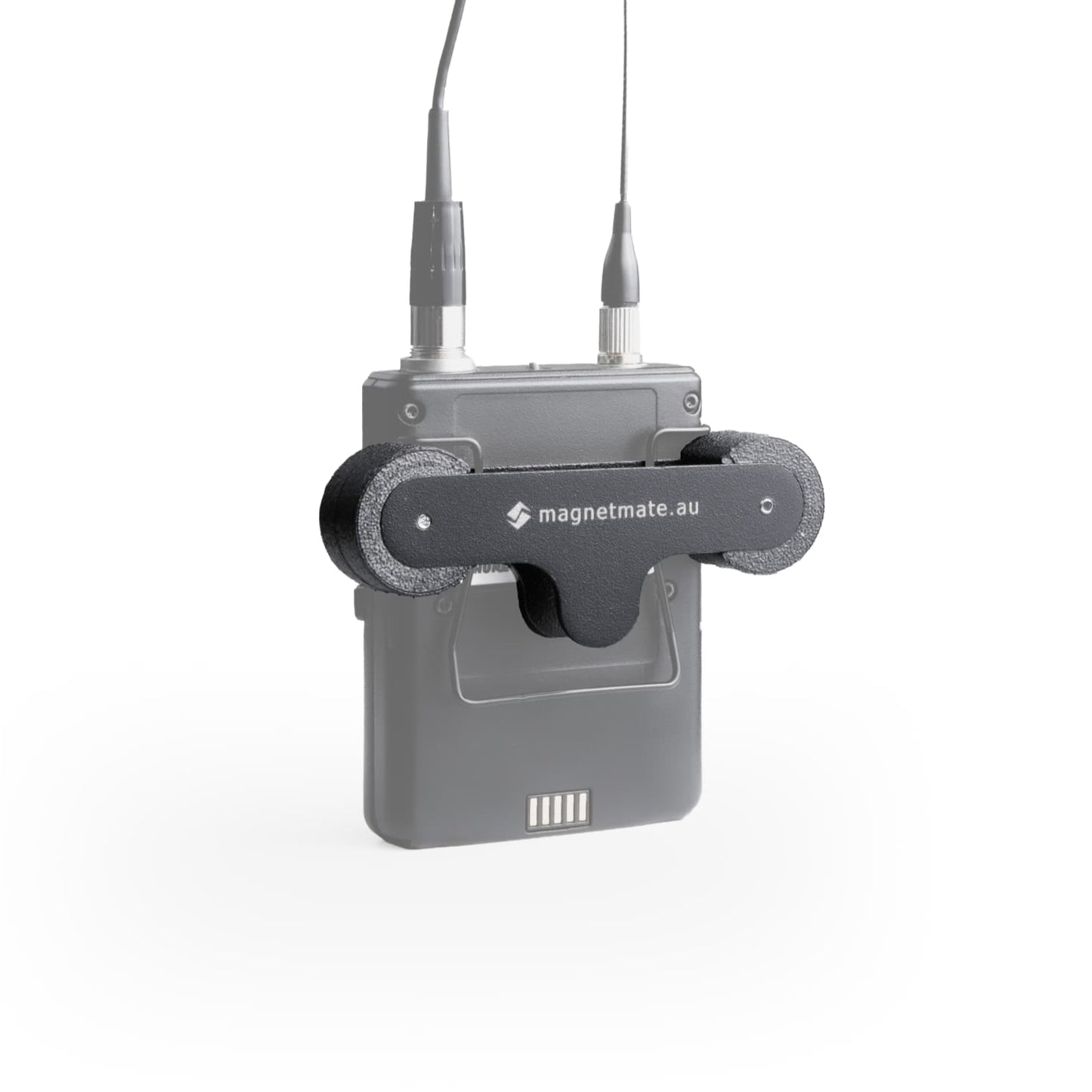 Gray electronic device with antenna and magnetmate clip attached on a white background